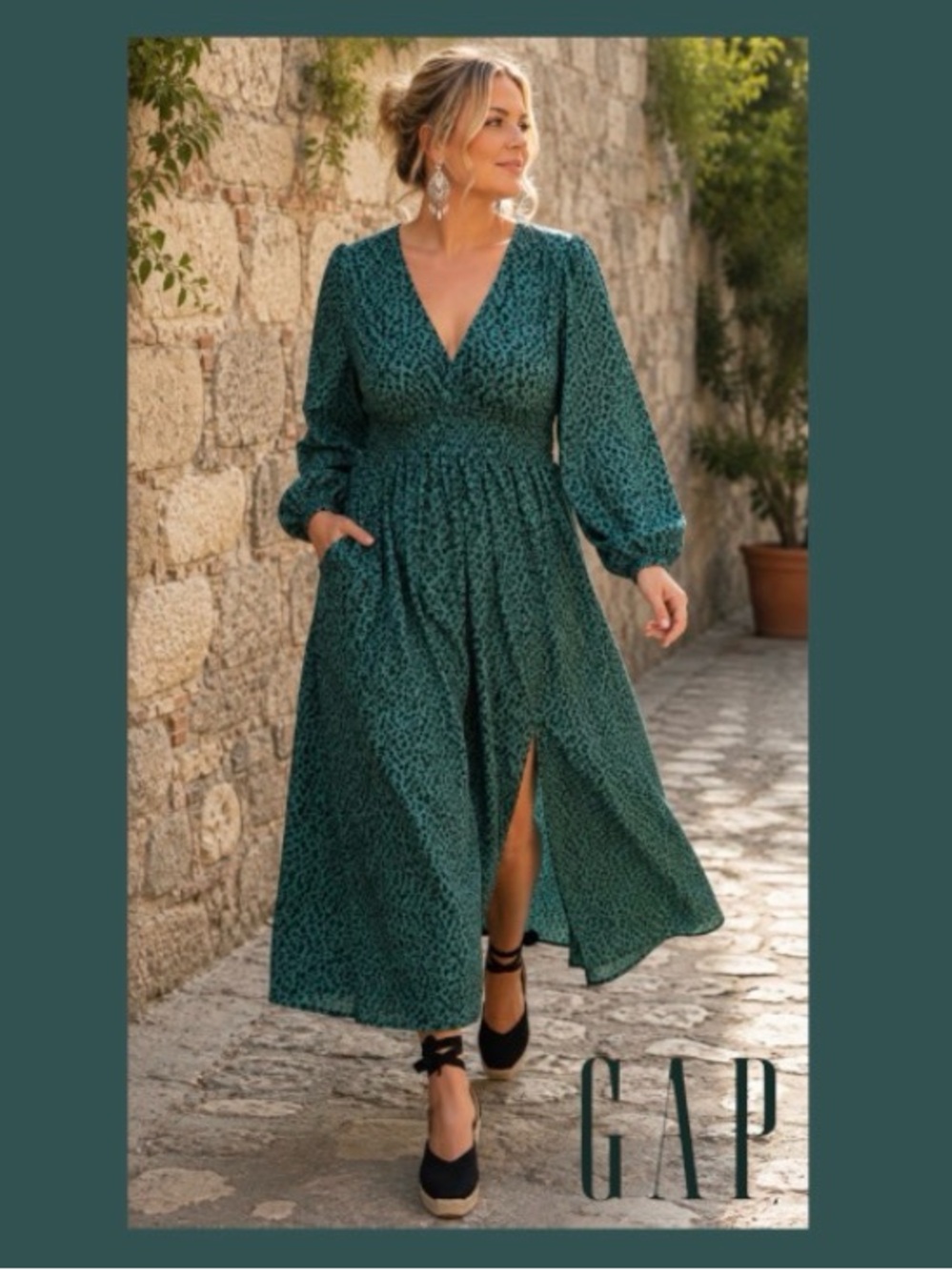 XXL GAP Smocked Waist V Neck Balloon Sleeve Forrest Green Maxi Dress, NWT